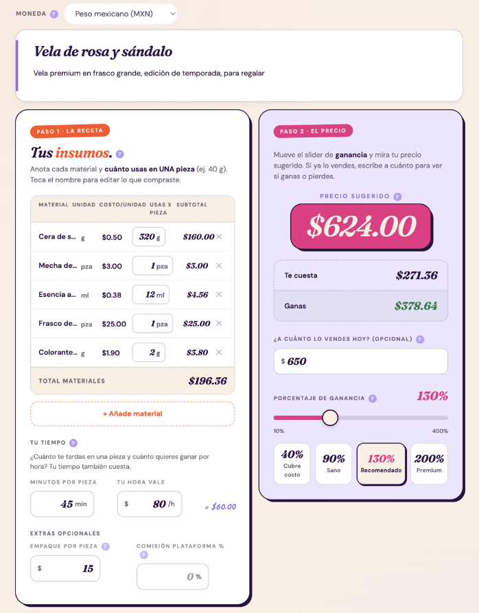 Calculadora de Creativas Lab: los insumos de una vela con su costo, el tiempo a $80 por hora, y el precio sugerido de $624 con la ganancia de $378.64