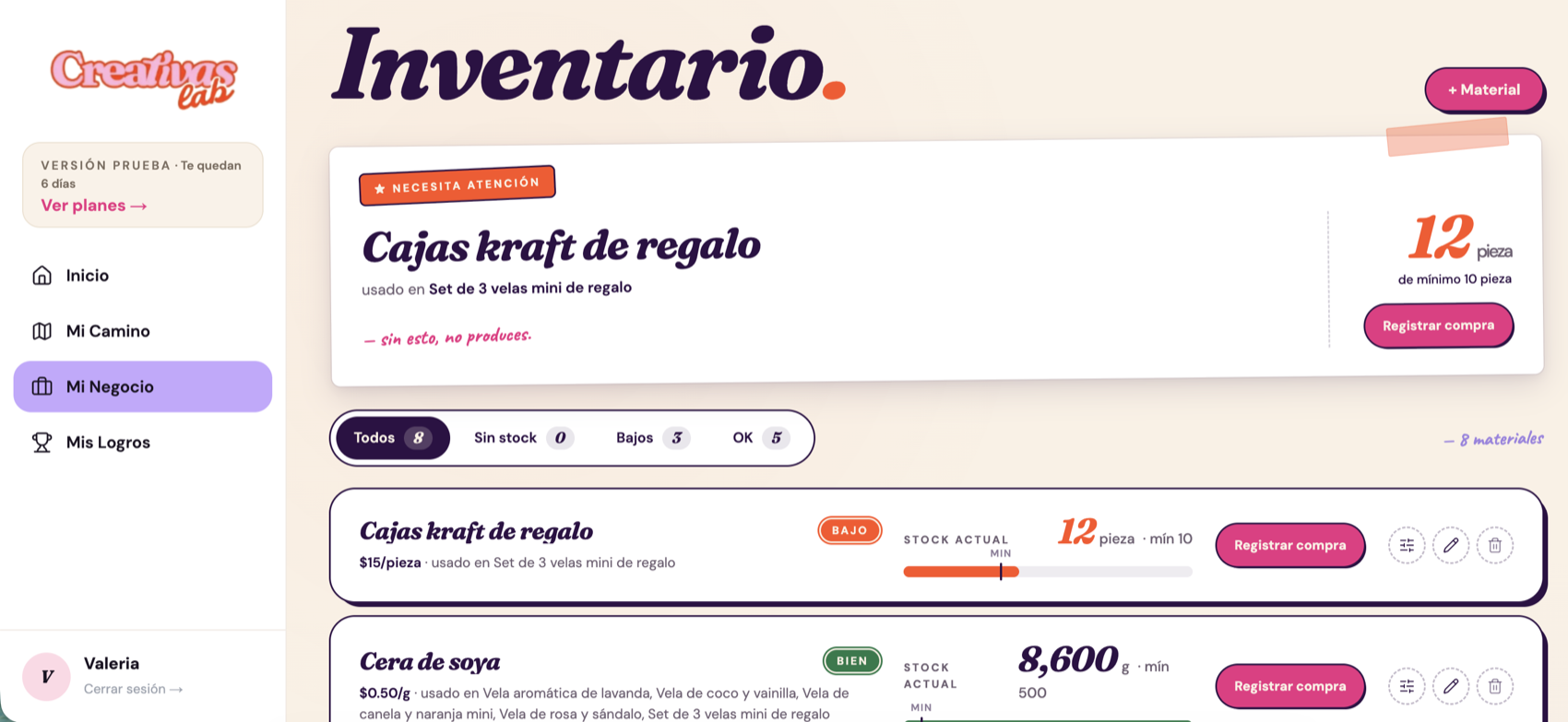 Inventario de Creativas Lab: materiales con su costo por unidad, stock actual y alertas de stock bajo
