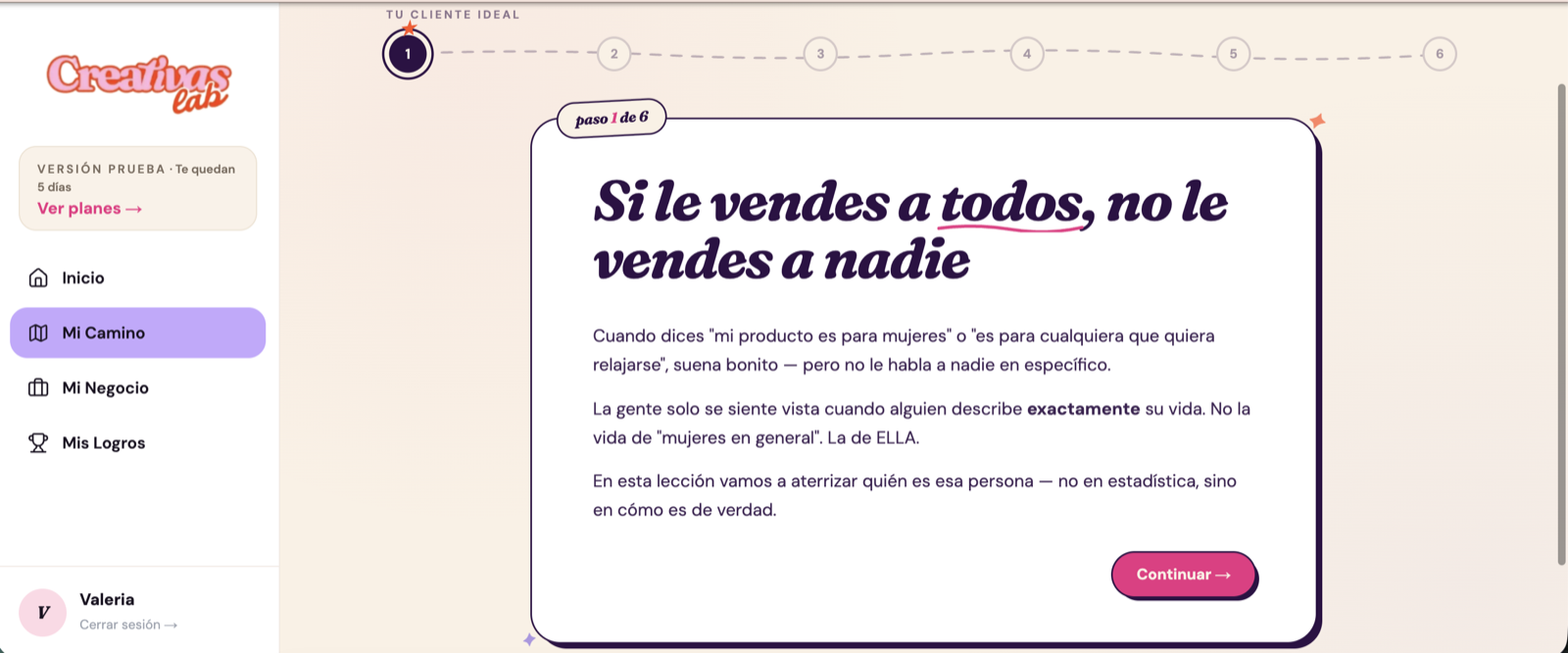 Lección del módulo Claridad: Si le vendes a todos, no le vendes a nadie, con su barra de progreso de seis pasos