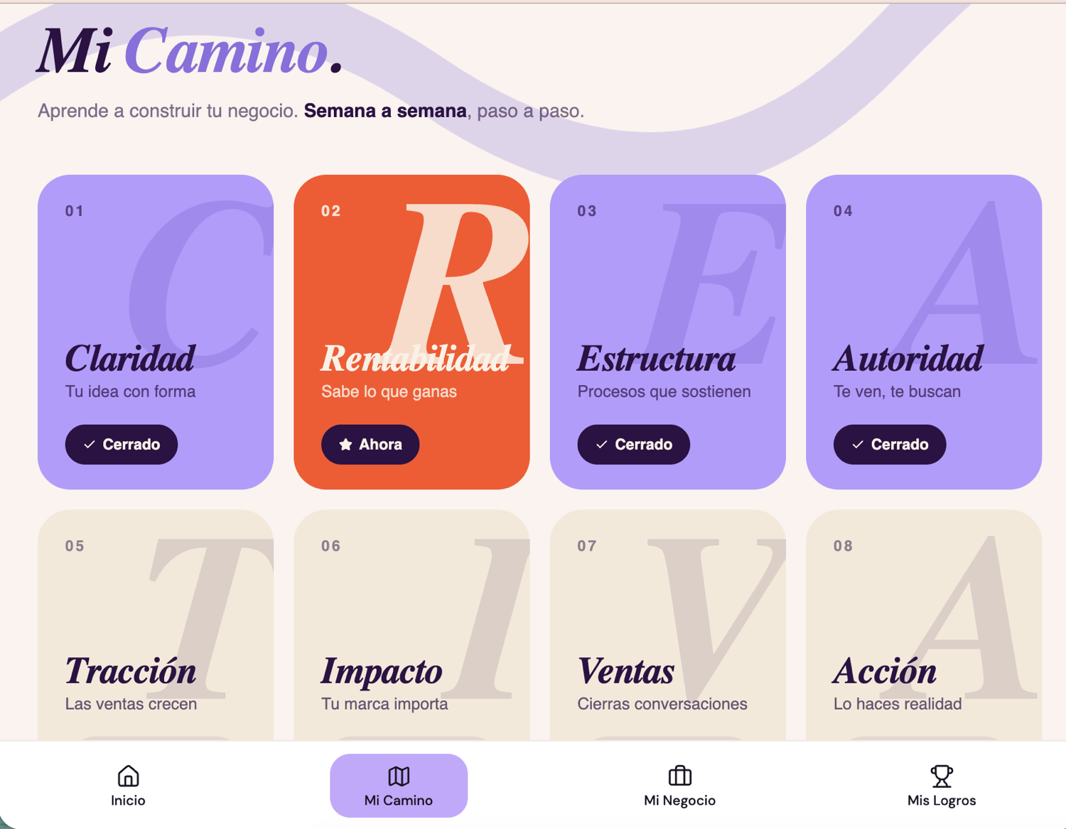 Mi Camino: los ocho módulos del método CREATIVA — Claridad, Rentabilidad, Estructura, Autoridad, Tracción, Impacto, Ventas y Acción