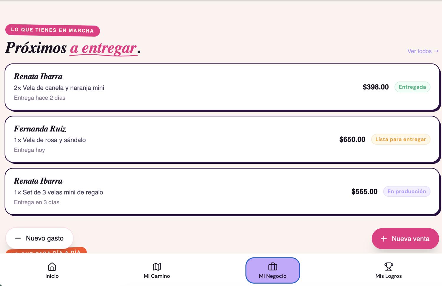 Lista de pedidos con estados: entregada, lista para entregar y en producción, con montos y fechas