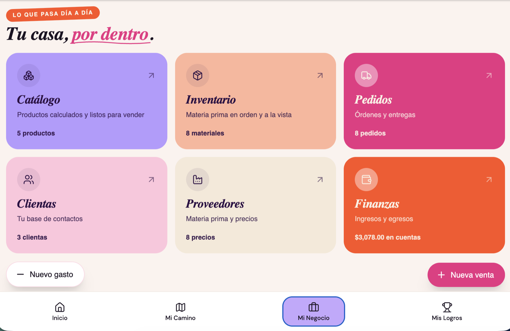 Pantalla Mi Negocio con las secciones Catálogo, Inventario, Pedidos, Clientas, Proveedores y Finanzas